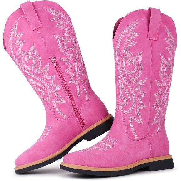 Women's Fuchsia Embroidered Square Toe Side Zipper Western Mid Calf Dress Boots - Picture 1 of 6